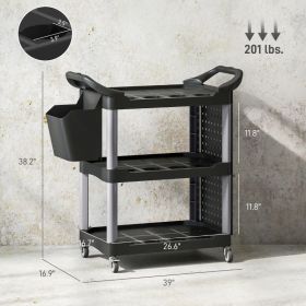 3-Tier Rolling Tool Cart, 200 LBS Capacity Plastic Utility Cart With Side Shelf And Bucket, Black And Light Gray (Option: Black Light Gray)